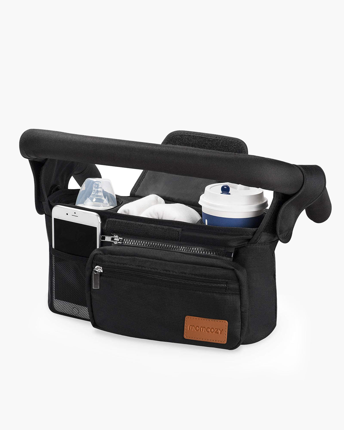 Momcozy black stroller organizer with cup holders and storage for baby essentials and coffee