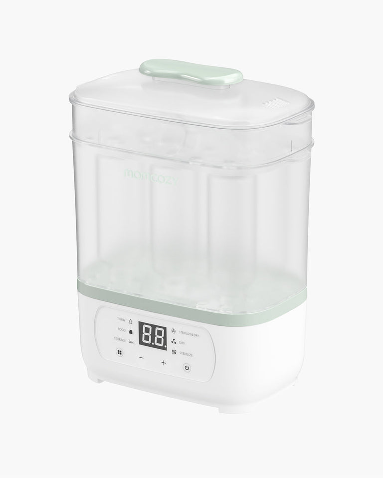 Translation missing: en.Momcozy 8-in-1 baby bottle steam sterilizer and dryer with LED countdown display, buttons for functionality, and transparent top cover