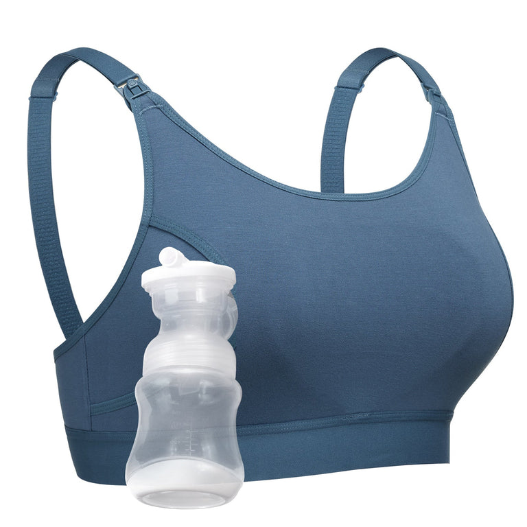 Translation missing: en.Original YN08 dusty blue seamless pumping &amp; nursing bra, featuring adjustable straps, nursing clips, and a baby bottle