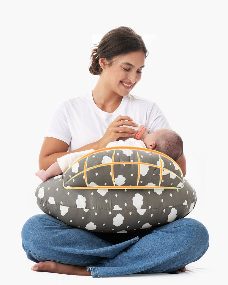 Translation missing: en.Woman bottle-feeding baby on multifunctional adjustable nursing pillow with cloud pattern