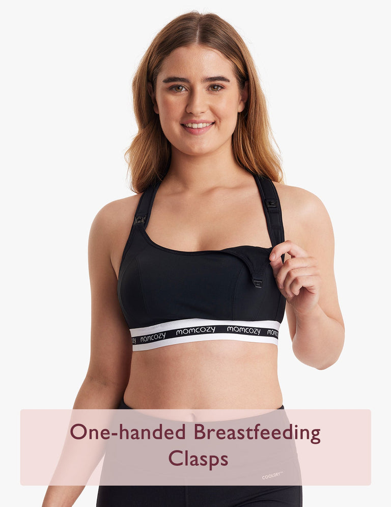 Translation missing: fr.Woman wearing black low impact nursing sports bra with Momcozy logo and one-handed breastfeeding clasps, text 'One-handed Breastfeeding Clasps' displayed at bottom