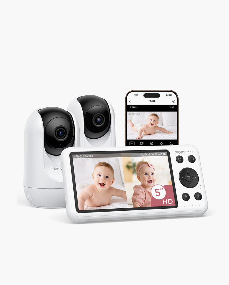 Translation missing: fr.Momcozy dual-mode smart baby monitor BM04 with two white cameras and a 5-inch HD screen showing two happy babies